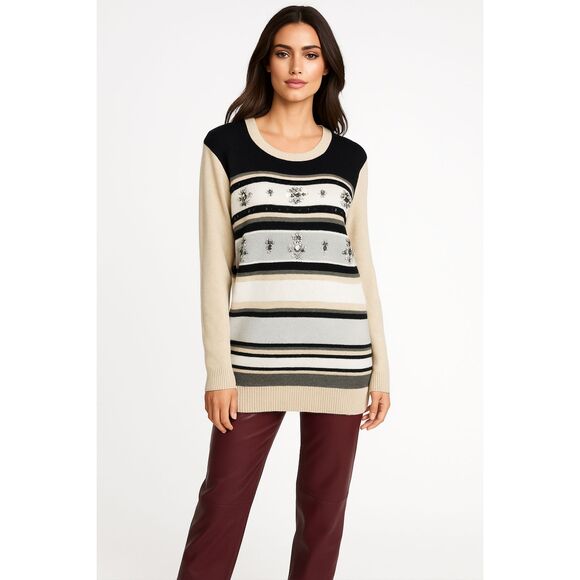 LOFT BEIGE STRIPED EMBELLISHED FRONT CAREER CASUAL TUNIC SWEATER SIZE: XL NWT - Picture 1 of 4